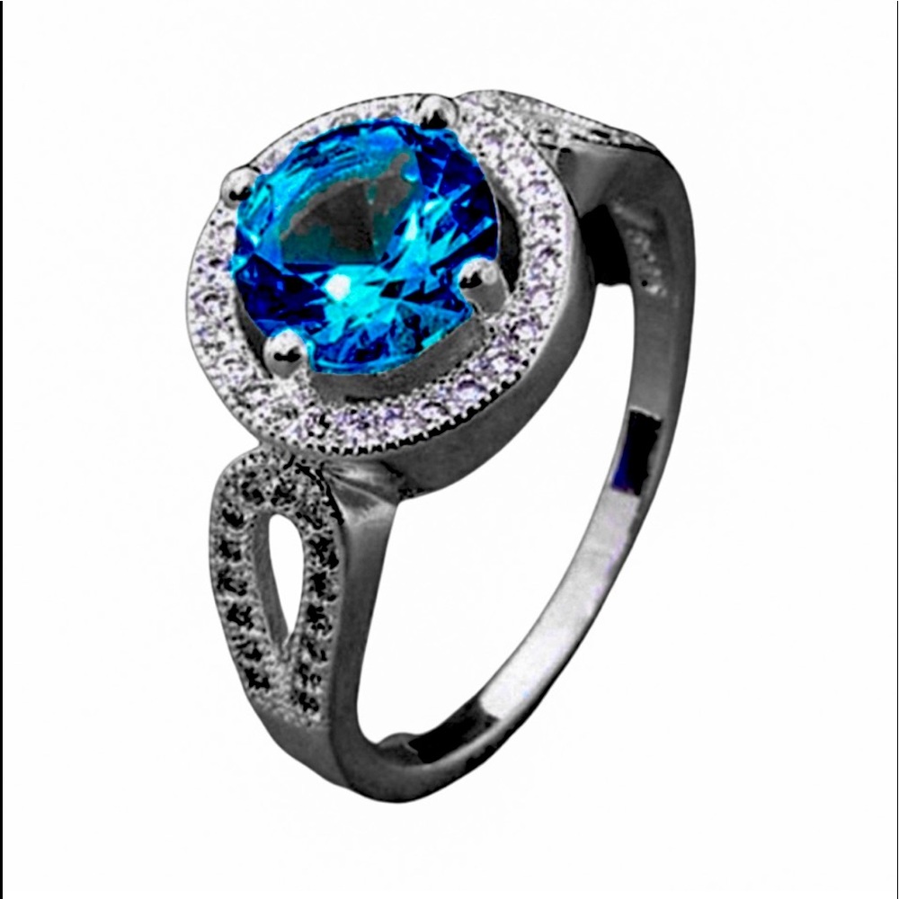New S925 Sterling Silver Round Aqua Topaz & White Topaz Infinity Ring